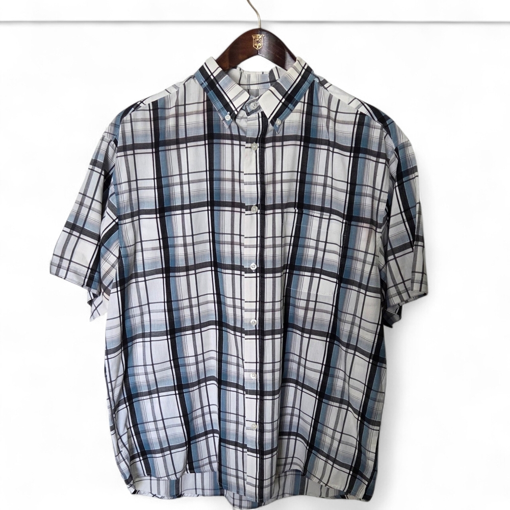 Gioberti Italy Mens XL Plaid Button Front Short Sleeve Shirt Blue White Gray